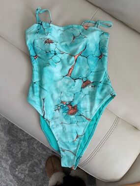 Forever 21  Teal Marble Print One-Piece Swimsuit with Coral Accents